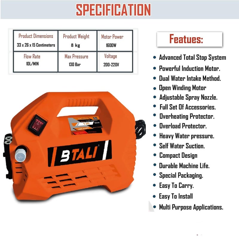 BTALI High Pressure Washer 1600 Watt 130 Bar with Hydraulic Outlet Hose and Heavy Gun Pressure Washer - Image 5