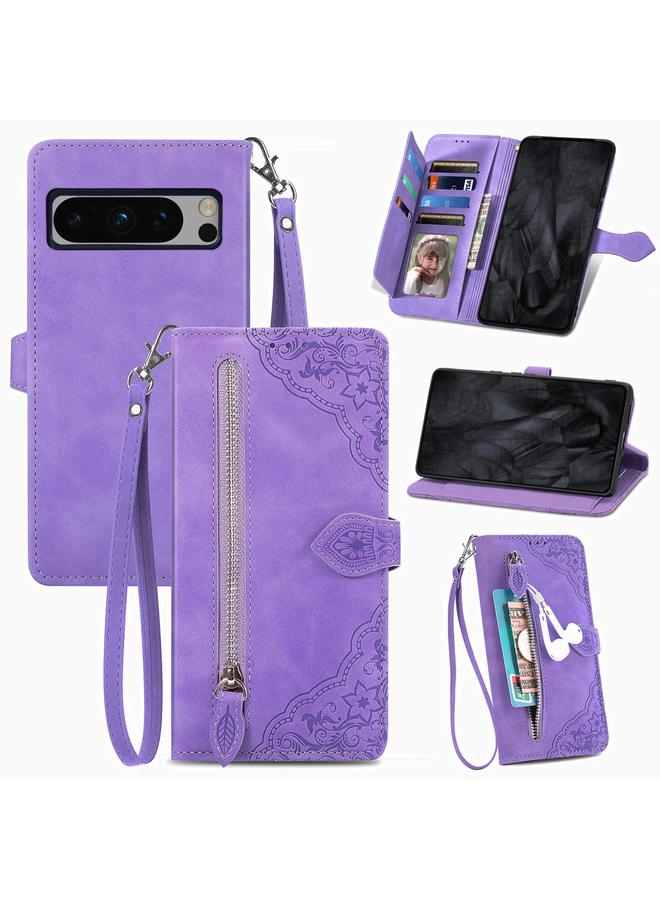 جرين تايجر جراب هاتف Google Pixel 8 Pro مصنوع من الجلد بسحاب منقوش عليه زهور - Image 1