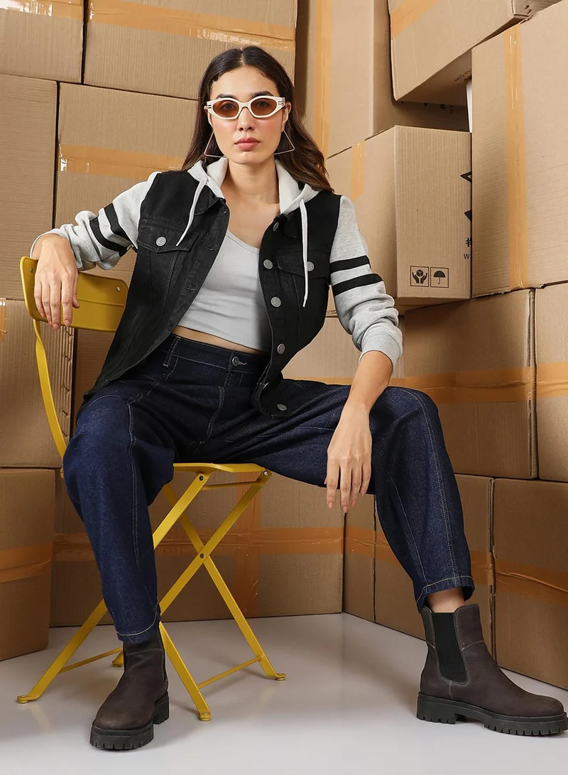 Pinacolada  Women's Midnight Black & Cloud Grey Dark-Wash Block Denim Jacket for Women | Best Price UAE