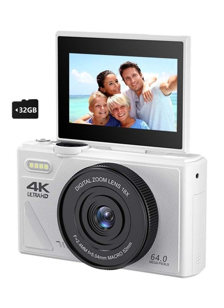 أسيف كاميرا رقمية صغيرة بتصميم كلاسيكي بدقة 64 ميجابكسل – تدعم تصوير 4K UHD، شاشة قابلة للقلب بزاوية 180°， تكبير رقمي 18x، وتشمل بطاقة ذاكرة 32GB، كاميرا لاسلكية مثالية لتصوير فيديوهات اليوتيوب  - Image 1