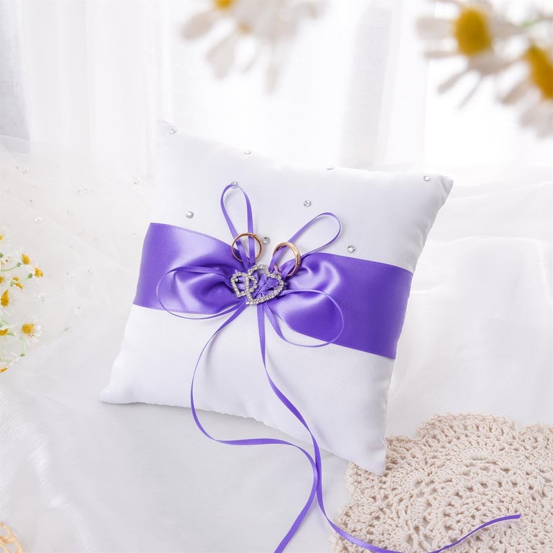 QIRMIZI Wedding Ring Pillow and Flower Girl Basket Set â€“ Adorned with Pearl Rhinestones, White Satin,Purple - Image 2