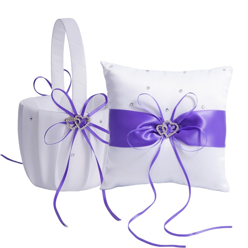 QIRMIZI Wedding Ring Pillow and Flower Girl Basket Set â€“ Adorned with Pearl Rhinestones, White Satin,Purple - Image 1