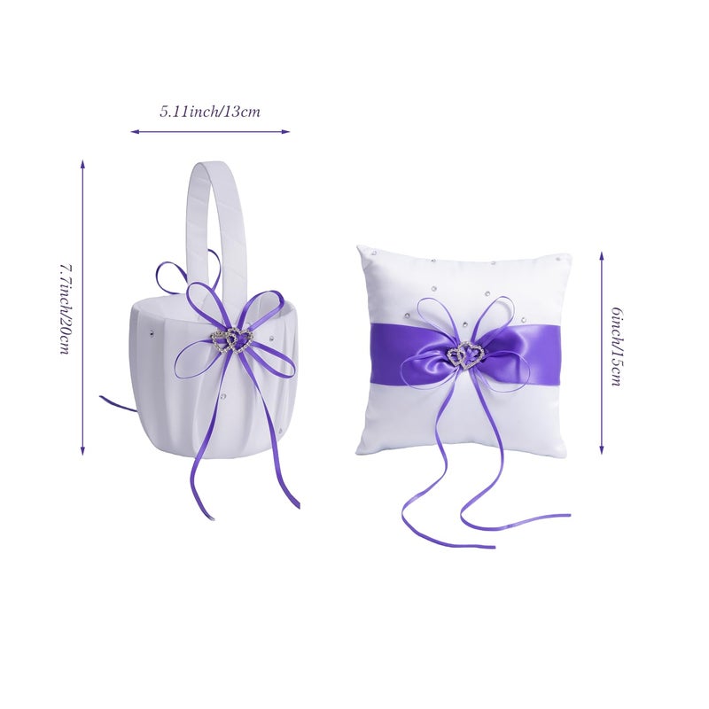QIRMIZI Wedding Ring Pillow and Flower Girl Basket Set â€“ Adorned with Pearl Rhinestones, White Satin,Purple - Image 4