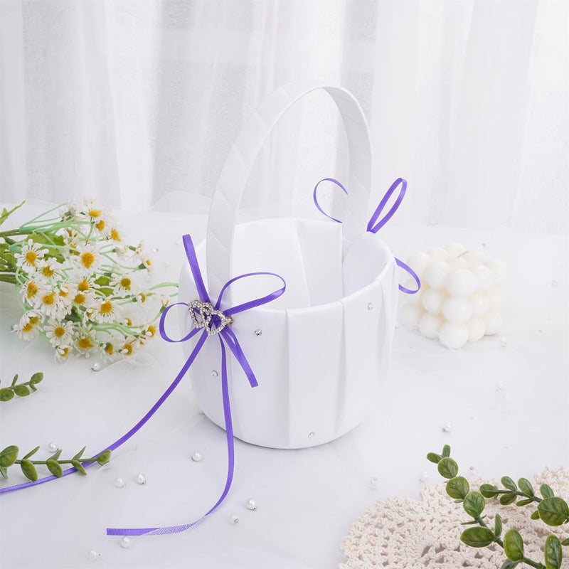 QIRMIZI Wedding Ring Pillow and Flower Girl Basket Set â€“ Adorned with Pearl Rhinestones, White Satin,Purple - Image 3
