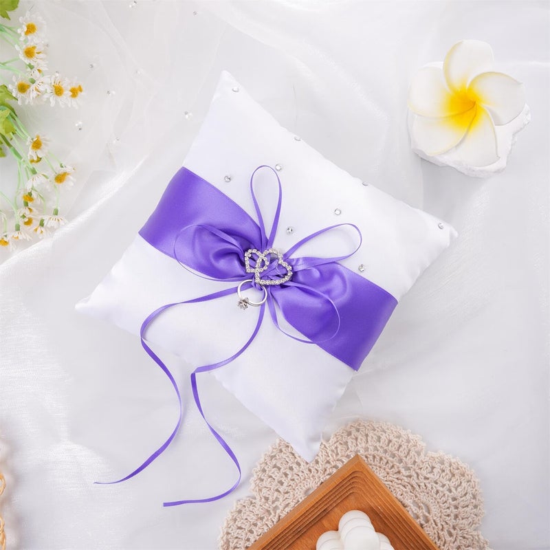 QIRMIZI Wedding Ring Pillow and Flower Girl Basket Set â€“ Adorned with Pearl Rhinestones, White Satin,Purple - Image 5