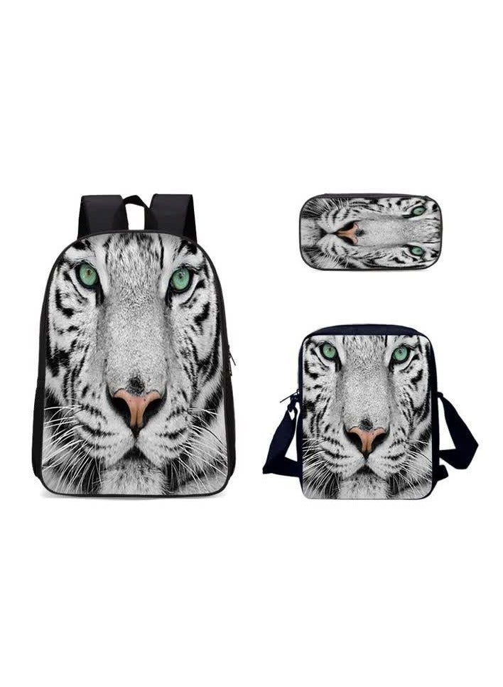 Lobby King European and American fashion 3D tiger animal pattern schoolbag breathable travel outdoor three-piece multi-functional bag,3D-10-Three-piece set - Image 1