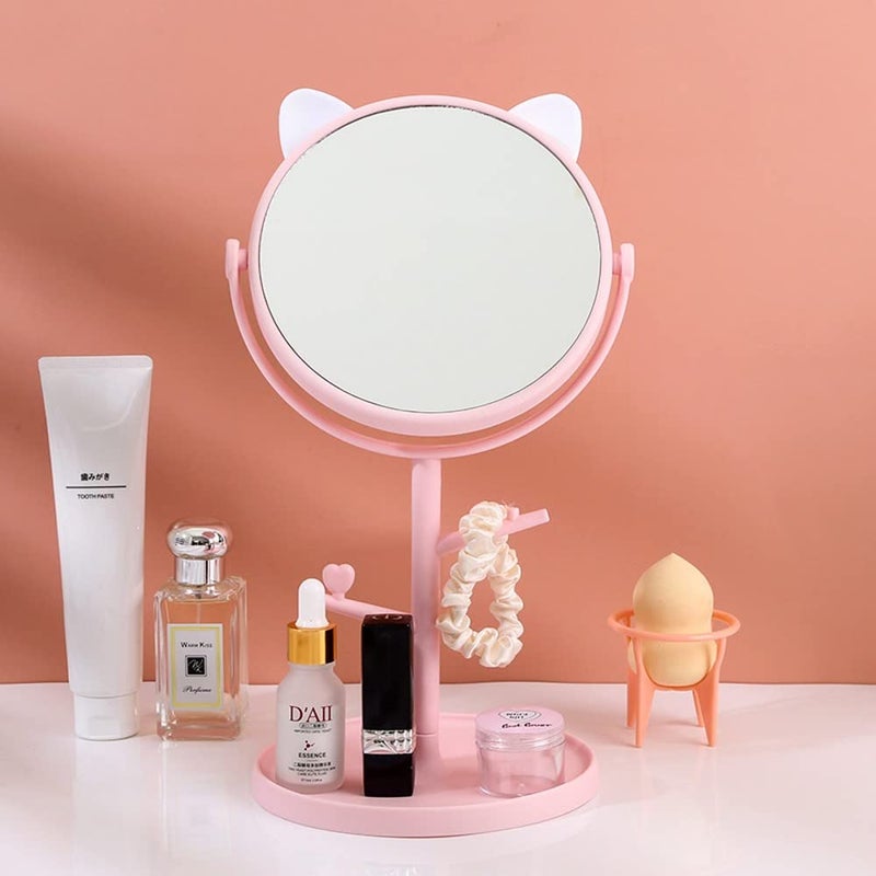 Mockery Desk Mirror in Cute Cat Ears Shape Vanity Mirror for You in Bathroom or Bedroom Desk Mirror for Makeup Freestanding Mirror Folding Design for Tabletop Pastel Pink - Image 1