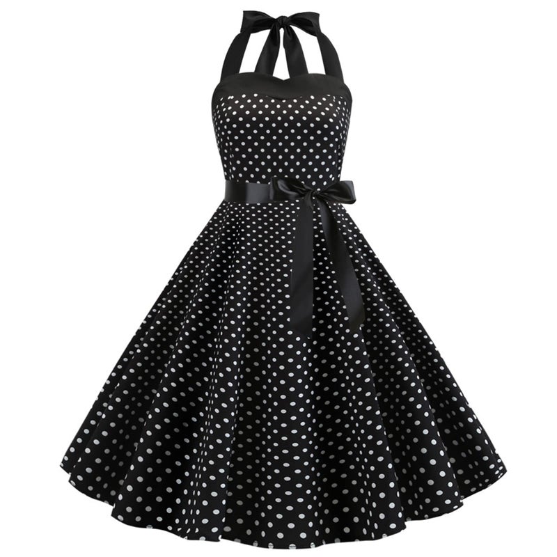 IKADEX Vintage Women 1950s Rockabilly Swing Dress Pinup 50s Retro Hepburn Style Halterneck A-Line Dresses #A: Black S - Image 1