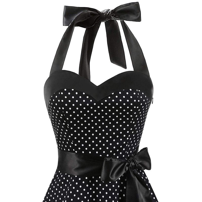 IKADEX Vintage Women 1950s Rockabilly Swing Dress Pinup 50s Retro Hepburn Style Halterneck A-Line Dresses #A: Black S - Image 3