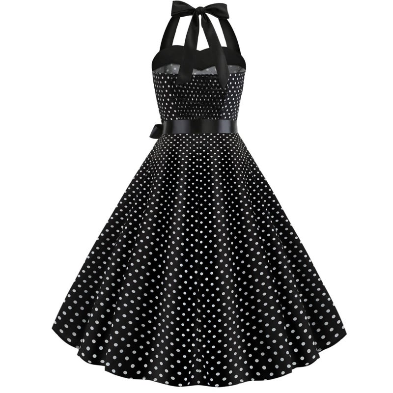 IKADEX Vintage Women 1950s Rockabilly Swing Dress Pinup 50s Retro Hepburn Style Halterneck A-Line Dresses #A: Black S - Image 2