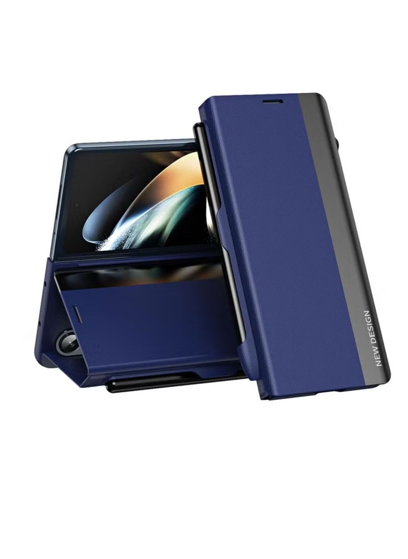Generic Case for Samsung Galaxy Z Fold 3 with Stand Design and Pen Holder and Pen (Not Original Pen), Full Body Protection Flip Cover PU Leather, Genuine Leather Magnetic Anti-drop Protective Case (Blue)  - Image 1