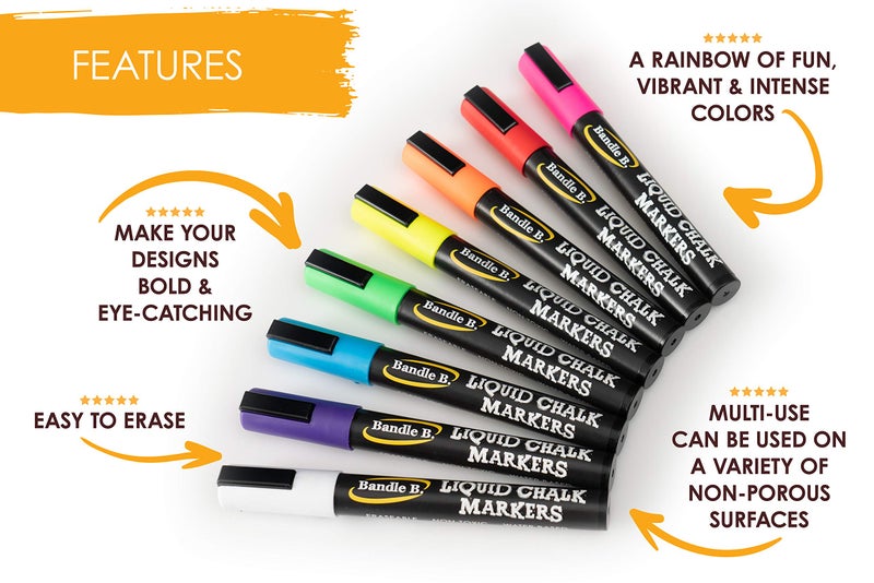 Bandle B. Chalk Markers - 8 White, Erasable, Non-Toxic, Water-Based, Reversible Tips, Crisp White For Kids and Grown-Ups for Glass and Chalkboard Markers for Businesses, Restaurants (6mm) - Image 5
