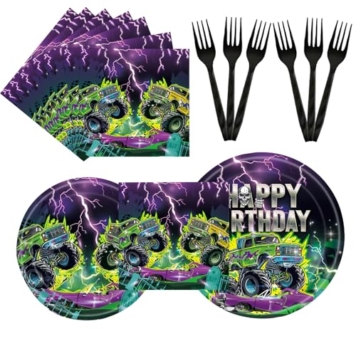 GREAWOD 96PCS Monster Truck Birthday Party Supplies Monster Theme Jam Party Decorations Tableware Plate Napkin Fork Monster Truck Birthday Plate And Napkin Decorations Dinnerware - Image 1