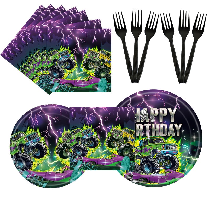 GREAWOD 96PCS Monster Truck Birthday Party Supplies Monster Theme Jam Party Decorations Tableware Plate Napkin Fork Monster Truck Birthday Plate And Napkin Decorations Dinnerware - Image 2