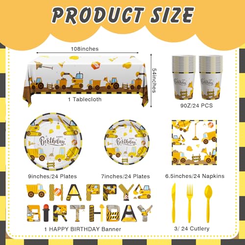 Cecnamt Construction Birthday Decorations, 170 Pcs Construction Birthday Party Supplies Including Banner, Plates, Cups, Napkins, Cutlery and Tablecloths, Serves 24 - Image 2