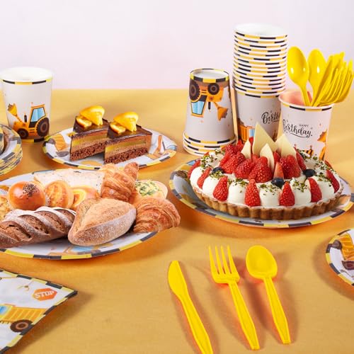 Cecnamt Construction Birthday Decorations, 170 Pcs Construction Birthday Party Supplies Including Banner, Plates, Cups, Napkins, Cutlery and Tablecloths, Serves 24 - Image 4