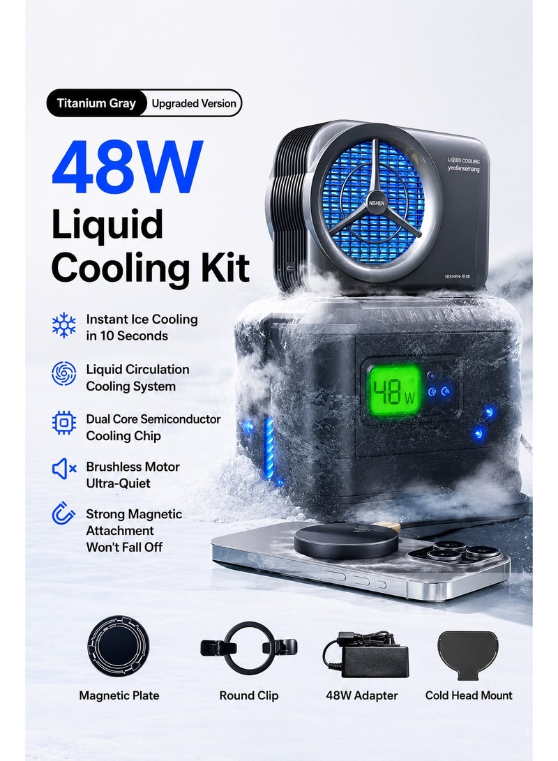Ni-SHEN مبرد نيشين المائي 48 واط للهواتف والتابلت – النسخة المطورة - مروحة تبريد مغناطيسية احترافية للألعاب مع رادياتير تبريد مائي وتشغيل صامت بدون ضجيج وتقنية TEC شبه الموصلة – يتضمن مشبك تثبيت ومحول طاقة 48 واط – متوافق مع آيفون، آيباد، ريد ماجيك، سامسونج وأجهزة أندرويد (مثالي لببجي موبايل وكول أوف ديوتي والألعاب) - Image 2