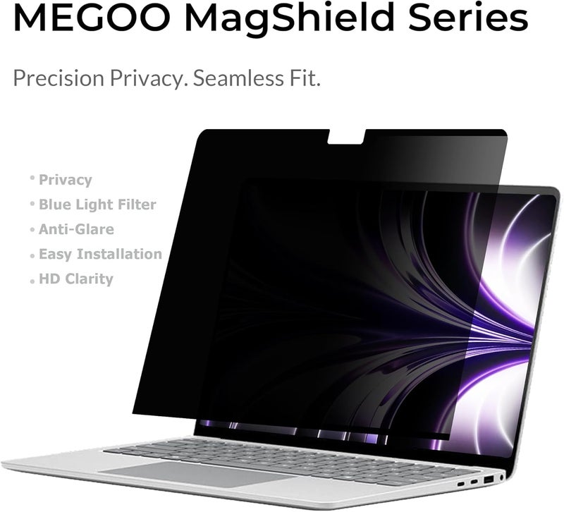 شاشة خصوصية مغناطيسية من MEGOO لـ MacBook Air 13.6" (A2681-A3113-A3240، 2022-2025)، زاوية مشاهدة 30°، فلتر الضوء الأزرق، تشطيب مطفي، حماية العين من الوهج - حماية الأعمال المتميزة - Image 2