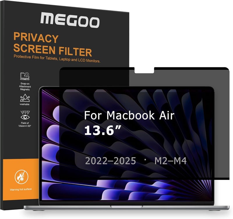 شاشة خصوصية مغناطيسية من MEGOO لـ MacBook Air 13.6" (A2681-A3113-A3240، 2022-2025)، زاوية مشاهدة 30°، فلتر الضوء الأزرق، تشطيب مطفي، حماية العين من الوهج - حماية الأعمال المتميزة - Image 1