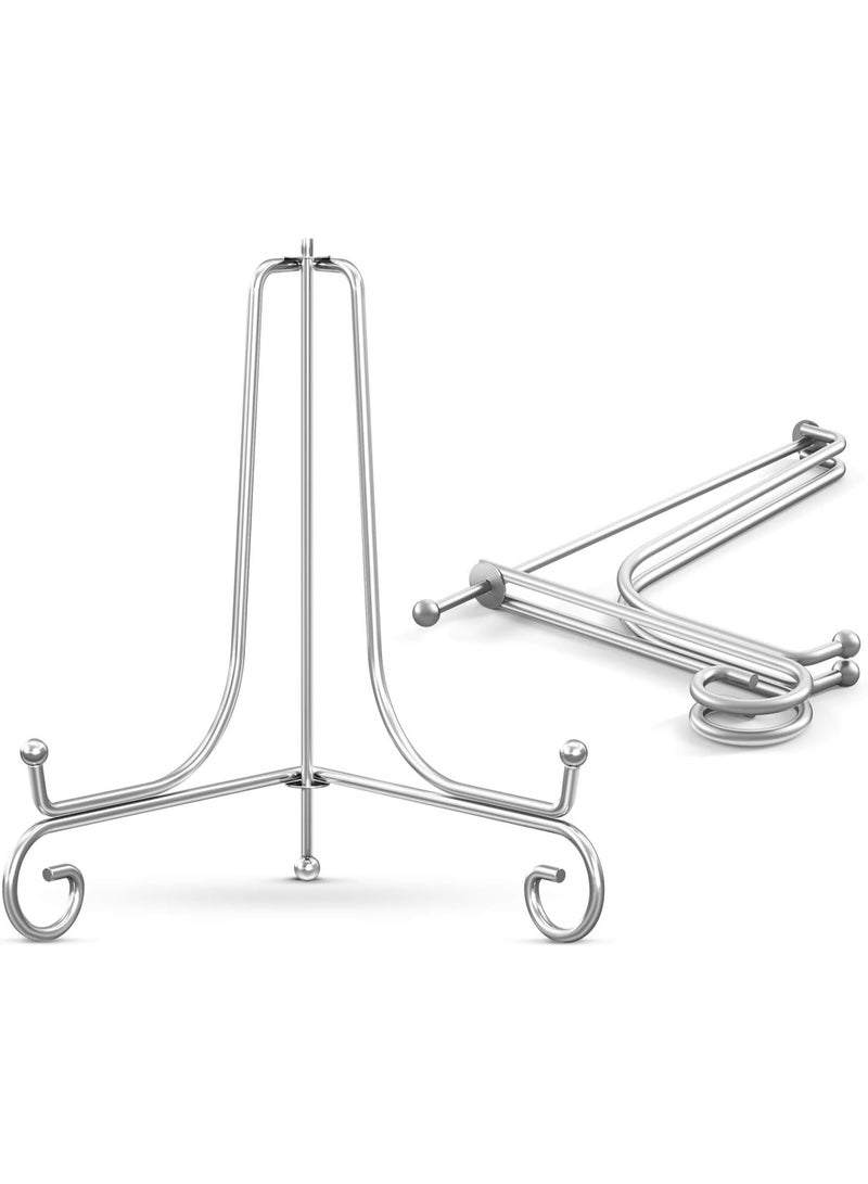 مجموعة من 2 حامل أطباق للعرض - حامل أطباق مقاس 8 بوصات + حامل معدني لإطار الصورة والأطباق الزخرفية والصور والكتب والمقتنيات باللون الفضي - Image 1