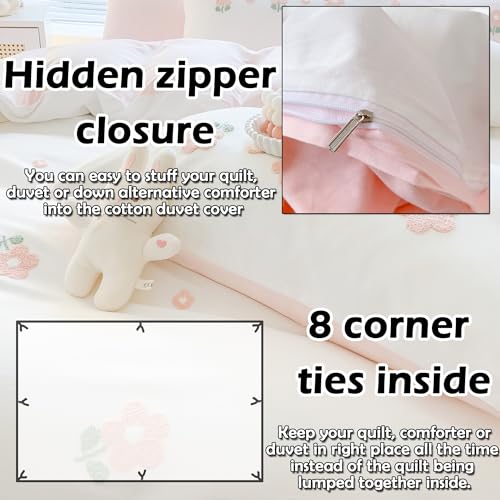 MorroMorn Cotton Duvet Cover Queen Size, 3D Embroidery Floral Bedding Sets, Fluffy Chenille Embroidered Comforter Covers Breathable Sweat-Absorbent for Girls Kids Teen (Flowers White, Full/Queen) - Image 4