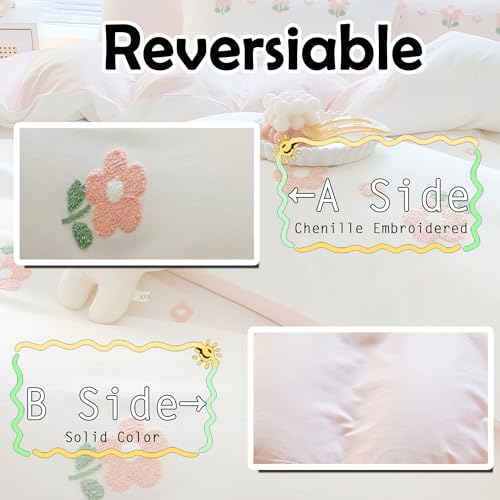 MorroMorn Cotton Duvet Cover Queen Size, 3D Embroidery Floral Bedding Sets, Fluffy Chenille Embroidered Comforter Covers Breathable Sweat-Absorbent for Girls Kids Teen (Flowers White, Full/Queen) - Image 5