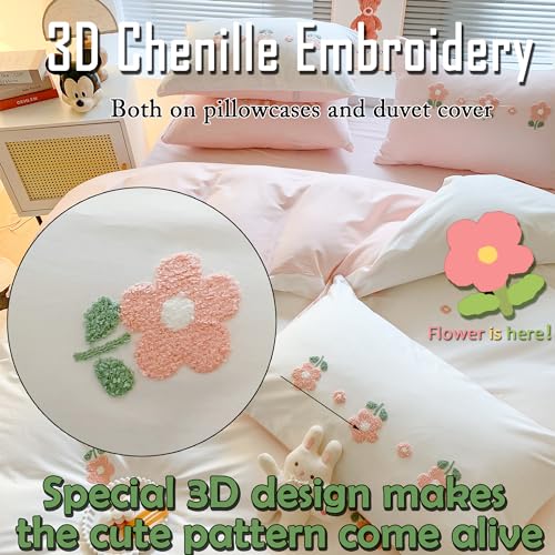 MorroMorn Cotton Duvet Cover Queen Size, 3D Embroidery Floral Bedding Sets, Fluffy Chenille Embroidered Comforter Covers Breathable Sweat-Absorbent for Girls Kids Teen (Flowers White, Full/Queen) - Image 3