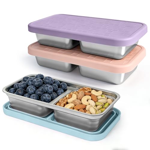 Mostdream 3 Pack 15 oz Stainless Steel Snack Containers for Kids, Reusable Metal Snack Containers with Silicone Lids, 2 Compartment Stackable Metal Toddler Lunch Box for Daycare, School and Outdoor - Image 1