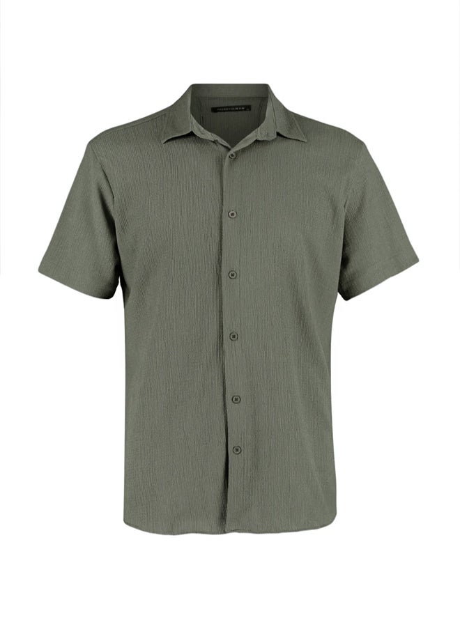 trendyol Khaki Regular Fit Short Sleeve Summer Textured Crepe Knit Shirt - Image 5