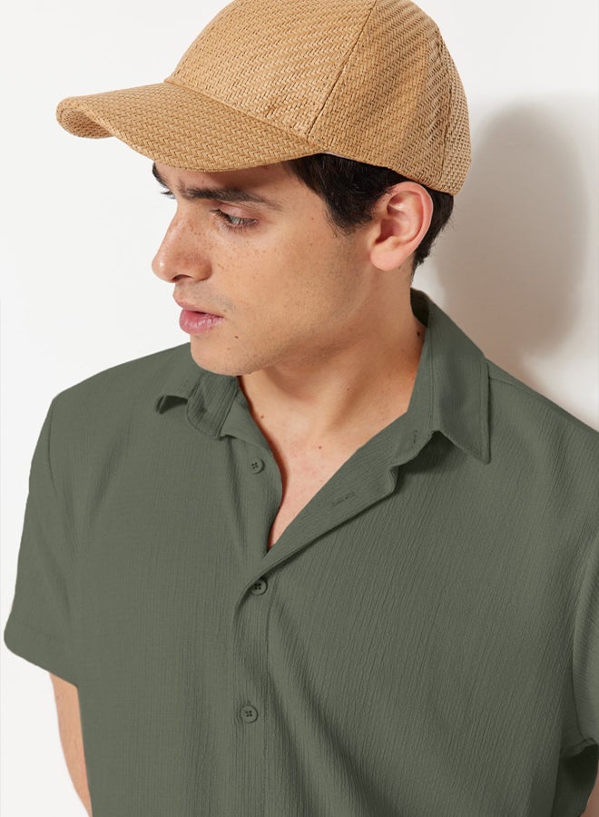 trendyol Khaki Regular Fit Short Sleeve Summer Textured Crepe Knit Shirt - Image 4