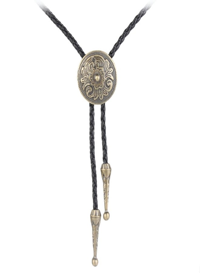LIANCHI Western Black Bolo Tie for Men and Women,Native American Leather Bolo Tie String (Flower Bronze)
