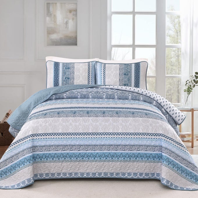 BOHO QUILT SET CALIFORNIA KING SIZE BLUE BOHEMIAN 3 PIECES QUILT SETS LIGHTWEIGHT BEDSPREAD COVERLET BEDDING SET FOR ALL SEASON 106X96