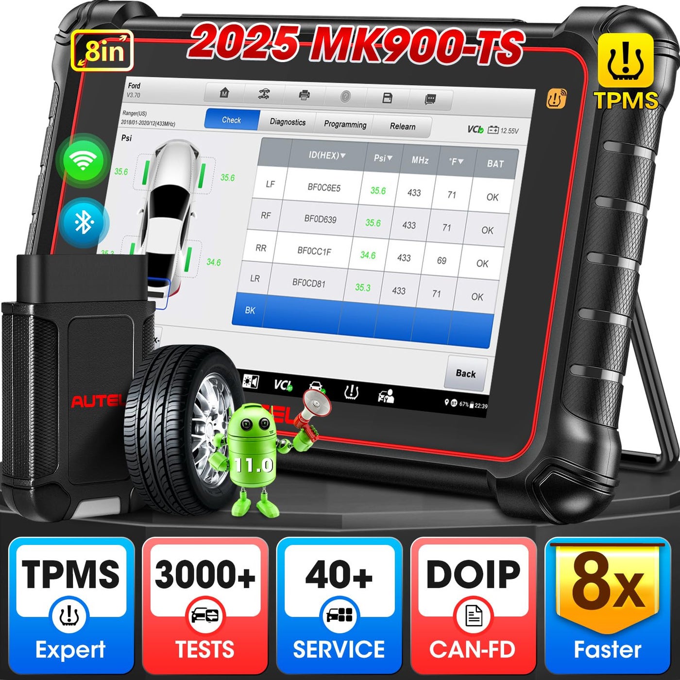 2025 Autel MaxiCOM MK900TS Scanner MK900TS Up of MK808STS MK900BT MK900 MX900 Bidirectional Scan Tool wTop TPMS Function All System CAN FD DoIP 3000 Active Test 40 Service FCA OS 110