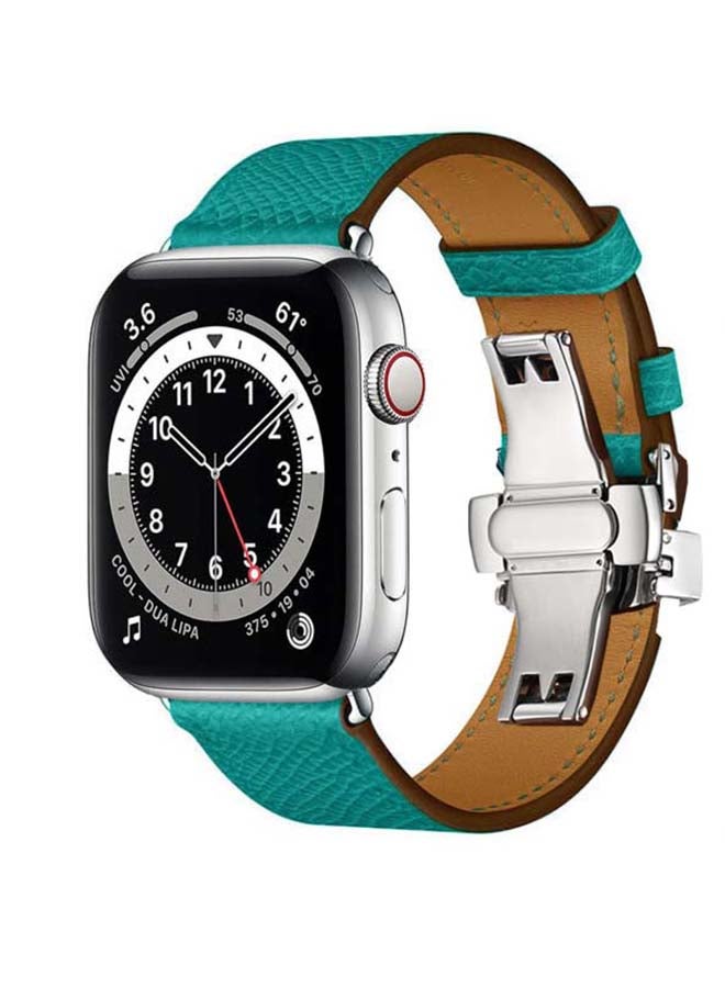 Perfii Genuine Leather Replacement Band with Silver Buckle for Apple Watch Series 6/SE/5/4/3/2/1 44/42mm Green - Image 2