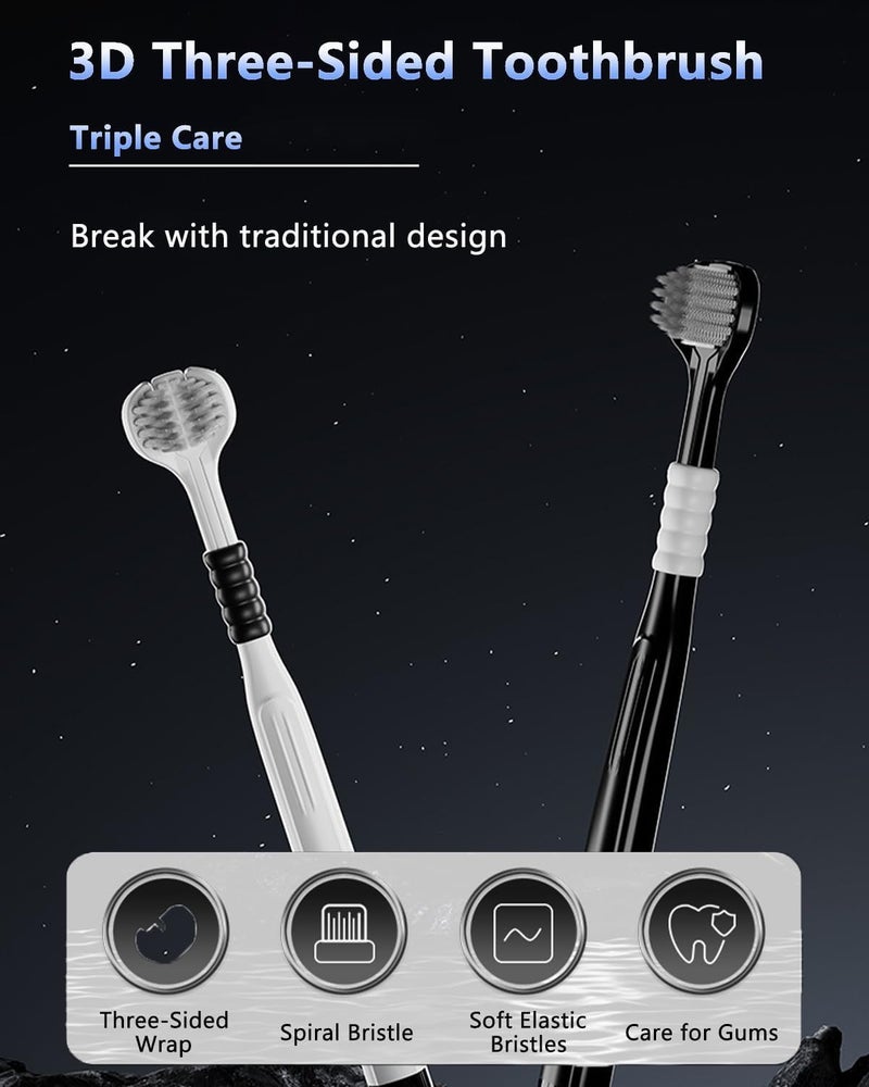 PIXELERA 3-Sided Manual Toothbrush for Adults, Soft Bristles with Tongue Cleaner, 6 Pieces, Multicolor - Image 2