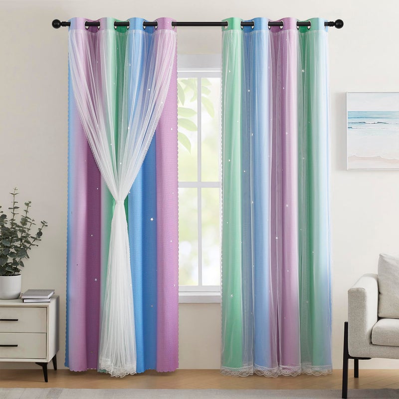 XiDi Blackout Curtains for Girls Kids Bedroom - Blue Purple Green Rainbow Unicorn Design, 34x63 Inch 1 Panel - Image 1
