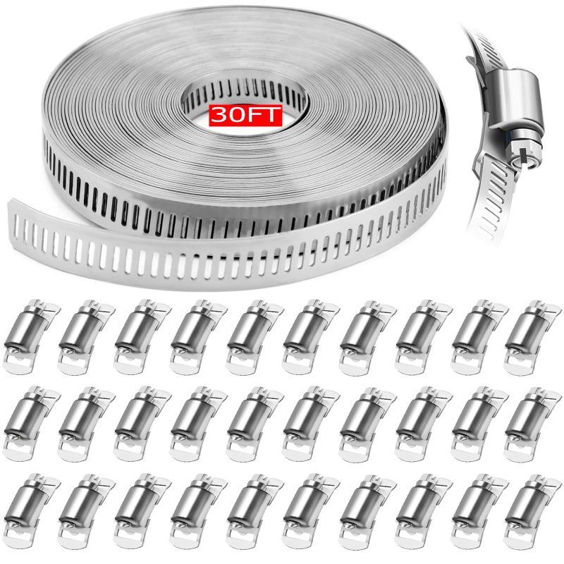 WSWECCL Hose Clamps 30FT Strap+30 Fasteners,DIY Cut-To-Fit 304 Stainless Steel Adjustable Large Worm Gear Band Clamp Assortment Kit,Metal Screw Fasteners and Strapping for Pipe,Duct,Pole,Tube - Image 1