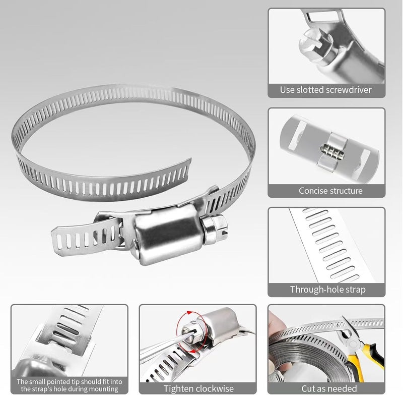 WSWECCL Hose Clamps 30FT Strap+30 Fasteners,DIY Cut-To-Fit 304 Stainless Steel Adjustable Large Worm Gear Band Clamp Assortment Kit,Metal Screw Fasteners and Strapping for Pipe,Duct,Pole,Tube - Image 4
