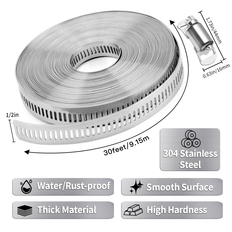 WSWECCL Hose Clamps 30FT Strap+30 Fasteners,DIY Cut-To-Fit 304 Stainless Steel Adjustable Large Worm Gear Band Clamp Assortment Kit,Metal Screw Fasteners and Strapping for Pipe,Duct,Pole,Tube - Image 2