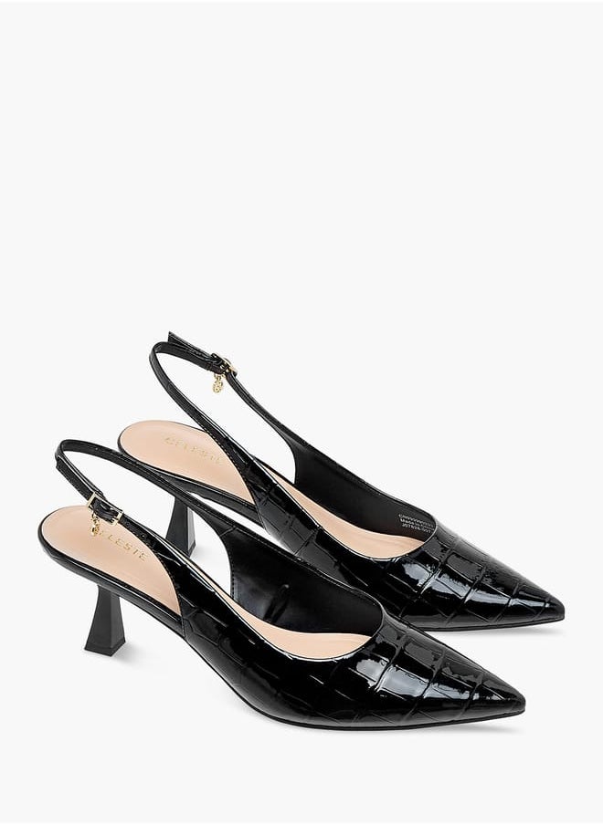 Celeste Women's Textured Slingback Shoes with Buckle Closure and Flared Heels  - Image 1