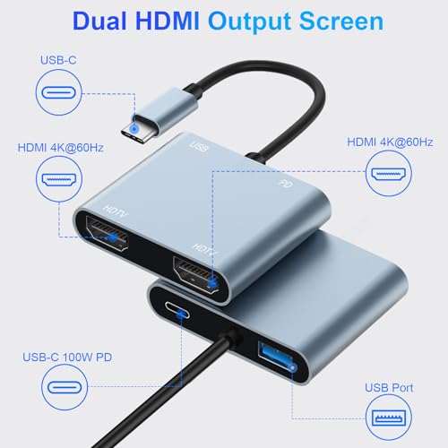 Denlane USB C to Dual HDMI Adapter 4K@60Hz, Type C Hdmi Splitter for Dual Monitors with USB 3.0, 100W Fast Charging, USB Hub with 2-HDMI Extended Display for MacBook, USB-C Laptop for Dell for Lenovo - Image 2
