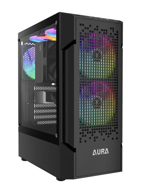 حافظة كمبيوتر GAMDIAS AURA، حافظات كمبيوتر ألعاب ATX، برج متوسط، لوحة زجاجية مقسّاة، واجهة أمامية شبكية متدرجة لتدفق الهواء، مروحة FRGB 3 × 120 مم مثبتة مسبقًا، لون أسود