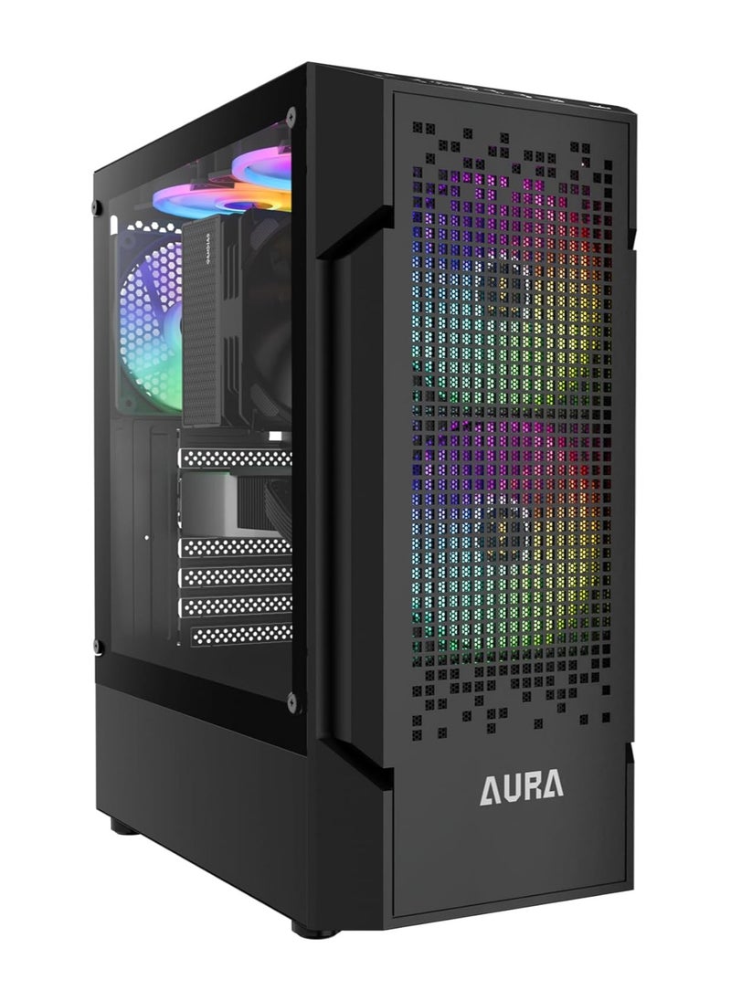جامدياس - حافظة كمبيوتر GAMDIAS AURA، حافظات كمبيوتر ألعاب ATX، برج متوسط، لوحة زجاجية مقسّاة، واجهة أمامية شبكية متدرجة لتدفق الهواء، مروحة FRGB 3 × 120 مم مثبتة مسبقًا، لون أسود - Image 1