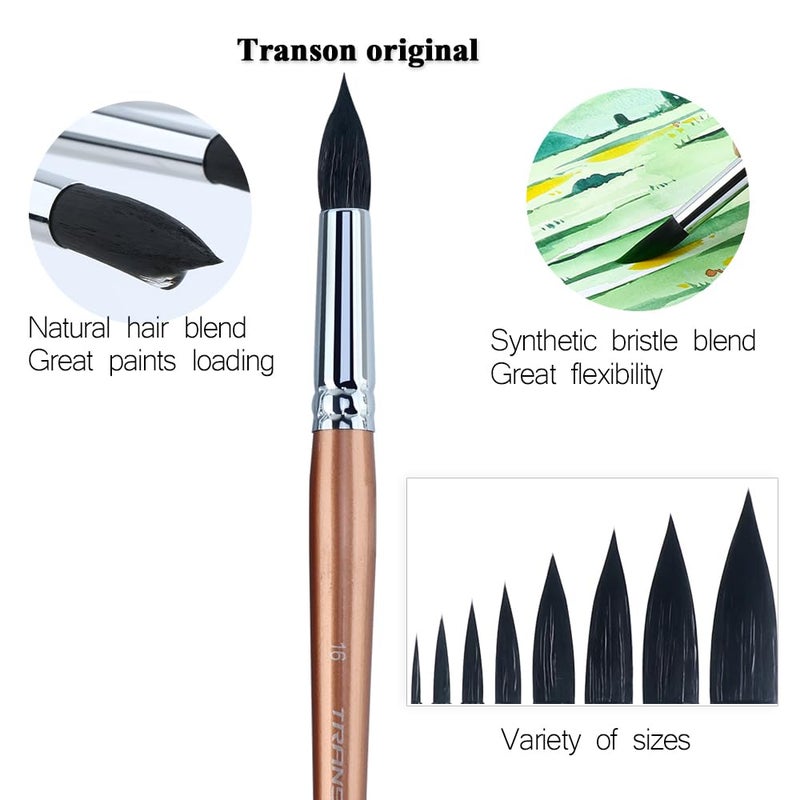 Transon 8pcs Round Watercolor Paint Brush Set Goat Hair for Watercolors,Acrylics,Inks,Gouache,Oil and Tempera - Image 3