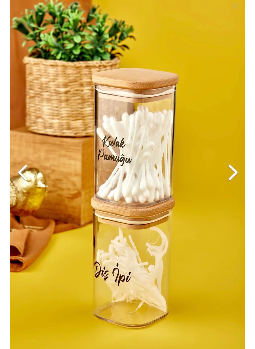 Fbz Home 2-Piece 250 ml Mica Cotton Bud & Dental Floss Organizer Acrylic Cotton Cup with Wooden Cover  - Image 3