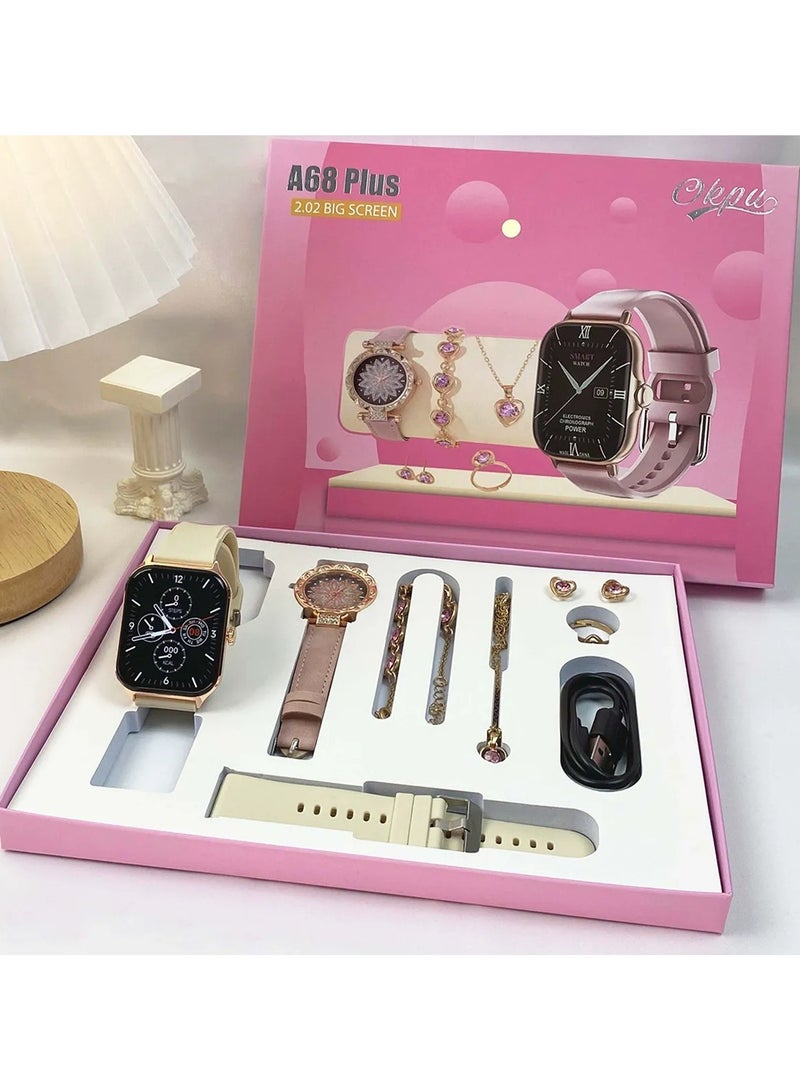 8 in 1 Smart Watch with Health Fitness Record, A58 Plus Smart Watch for Women, Chargable Smart Watch, Sports Watch, Luxury Diamond Jewelry Set with Bluetooth, Suitable for Women, Rose Gold  - Image 1