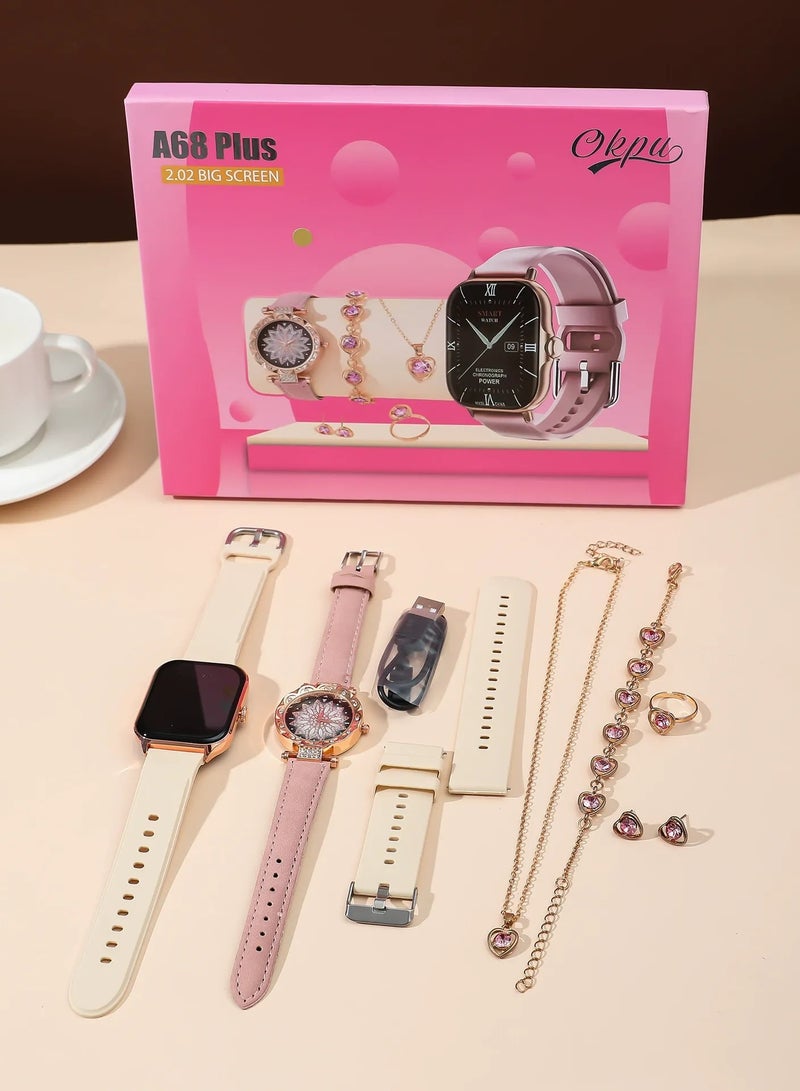 8 in 1 Smart Watch with Health Fitness Record, A58 Plus Smart Watch for Women, Chargable Smart Watch, Sports Watch, Luxury Diamond Jewelry Set with Bluetooth, Suitable for Women, Rose Gold  - Image 2