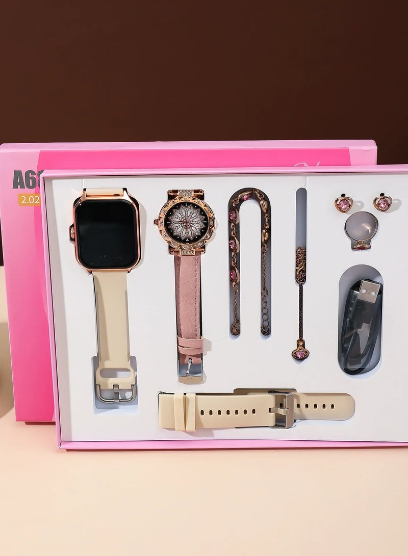 8 in 1 Smart Watch with Health Fitness Record, A58 Plus Smart Watch for Women, Chargable Smart Watch, Sports Watch, Luxury Diamond Jewelry Set with Bluetooth, Suitable for Women, Rose Gold  - Image 3
