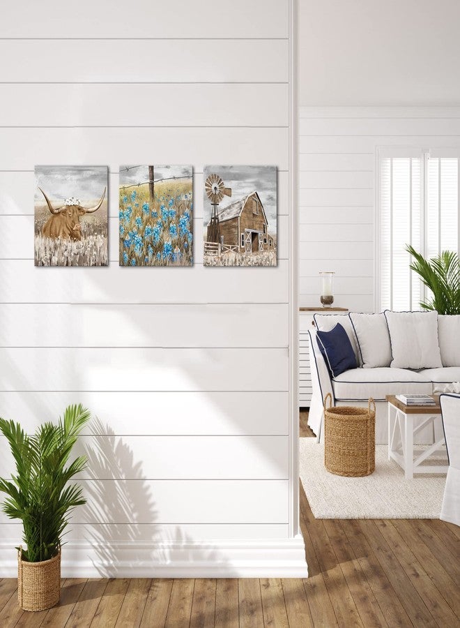 NutArtPic Farmhouse Canvas Art Farm Landscape Wall Art Longhorn Barn Texas Bluebonnet Picture Country Scene Artwork Painting for Home Decor 12''x12''x3pcs Framed - Image 4