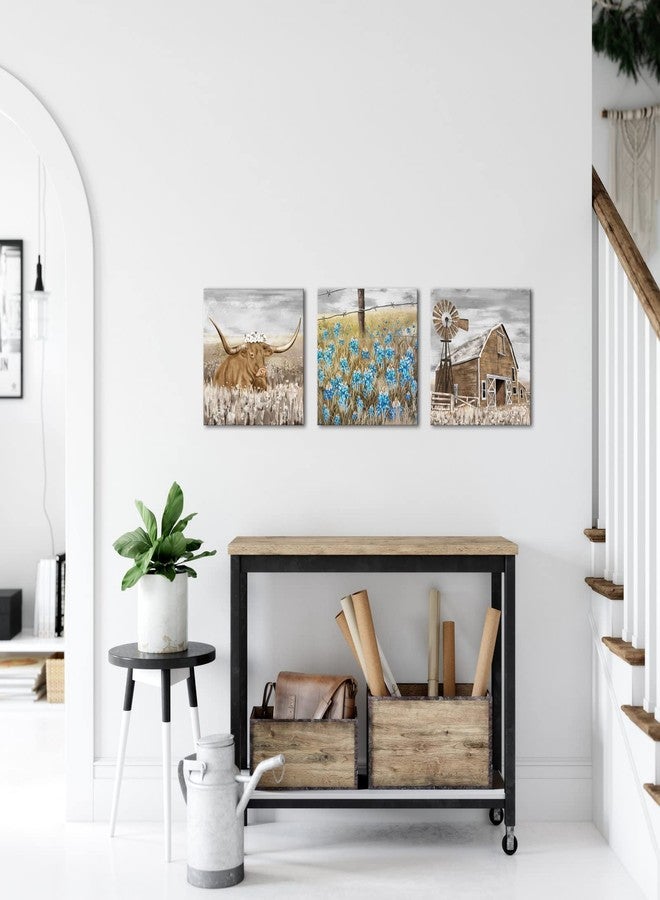 NutArtPic Farmhouse Canvas Art Farm Landscape Wall Art Longhorn Barn Texas Bluebonnet Picture Country Scene Artwork Painting for Home Decor 12''x12''x3pcs Framed - Image 2